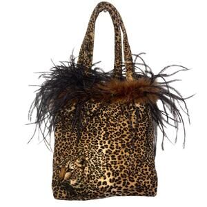 Y2K Glam Mobwife Leopard Print Feather Trim Top Handle Bag